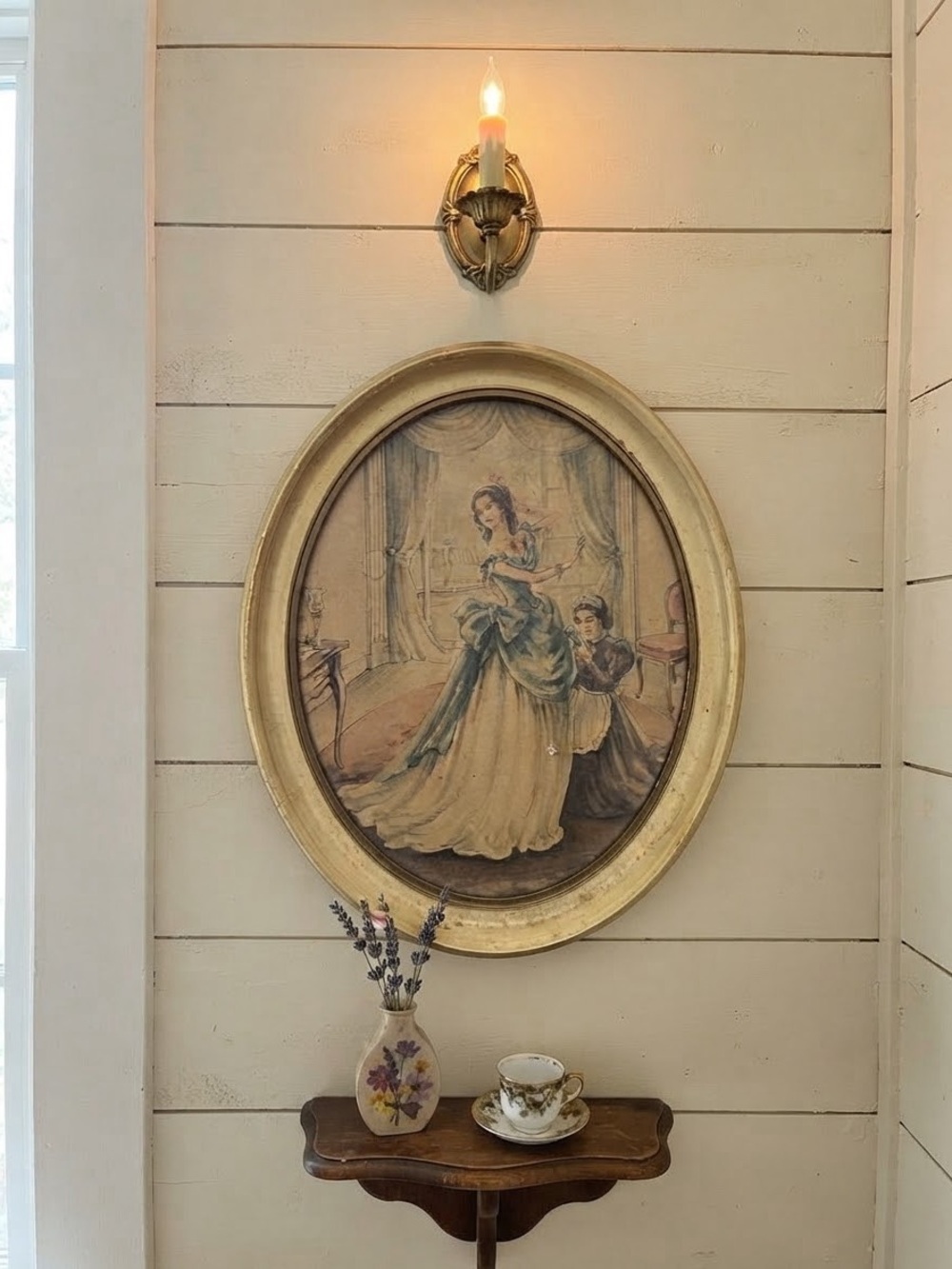 Vintage Victorian Shaw Crinoline Southern Ladies Oval Framed Art Print